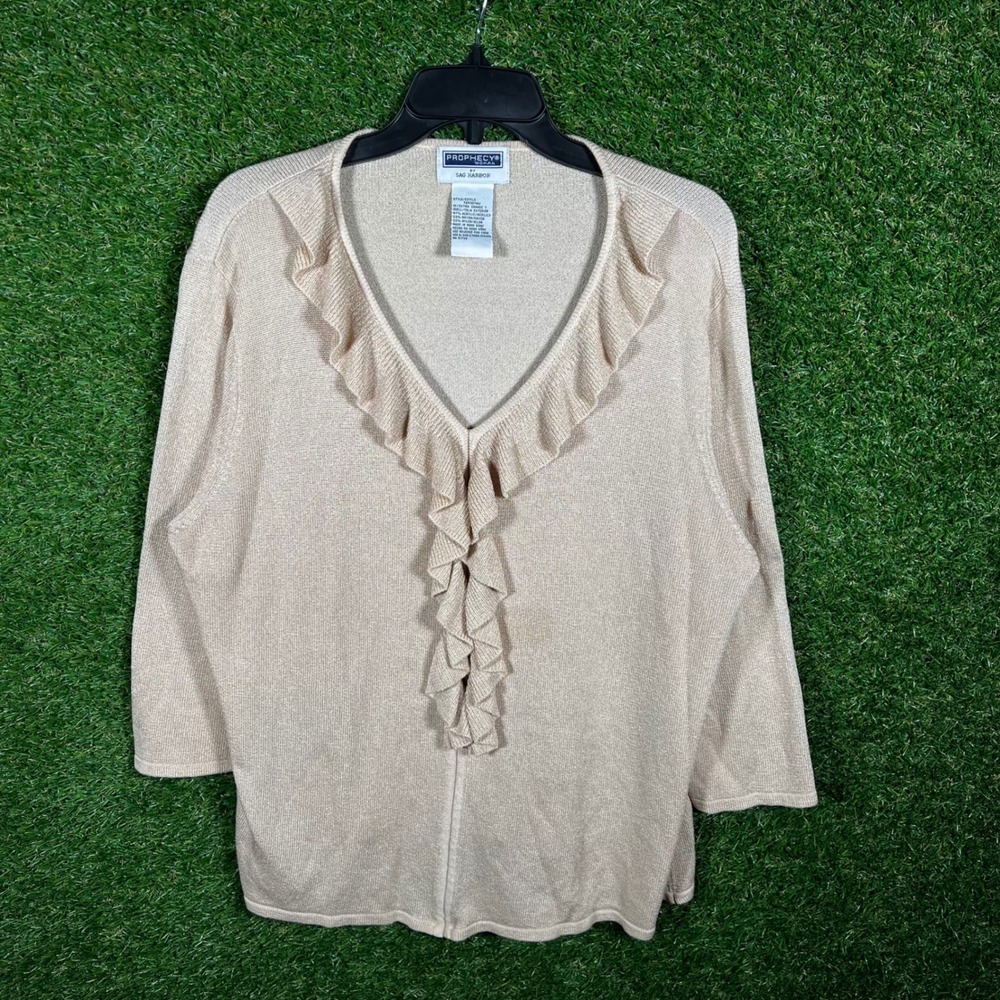 Prophecy by Sag Harbor Womens 1X Champagne Metallic Ruffle‎ V-Neck Knit Top